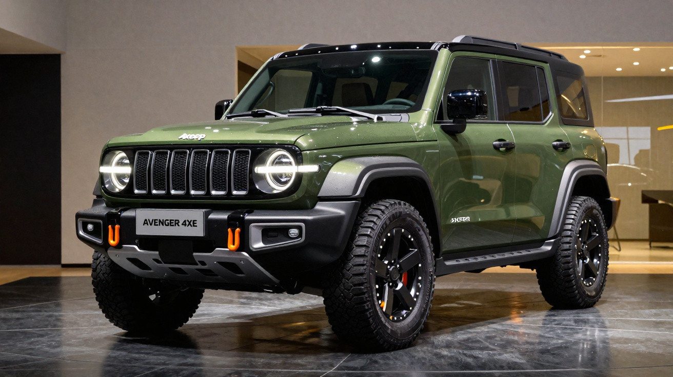 SUV Jeep Avenger 4xe verde militar com faróis circulares e rodas grandes pretas em exposição interna.