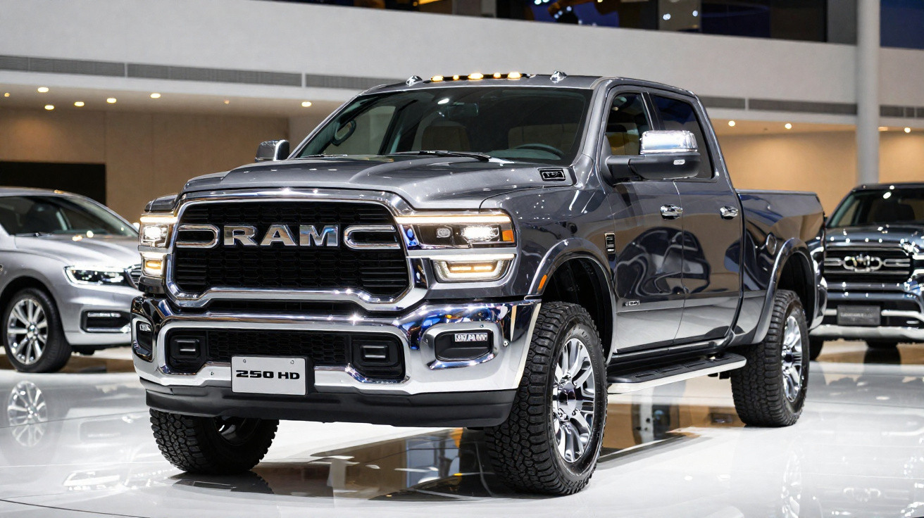 Picape RAM 250 HD cinza exibida em salão automotivo, com destaque na frente e rodas robustas.