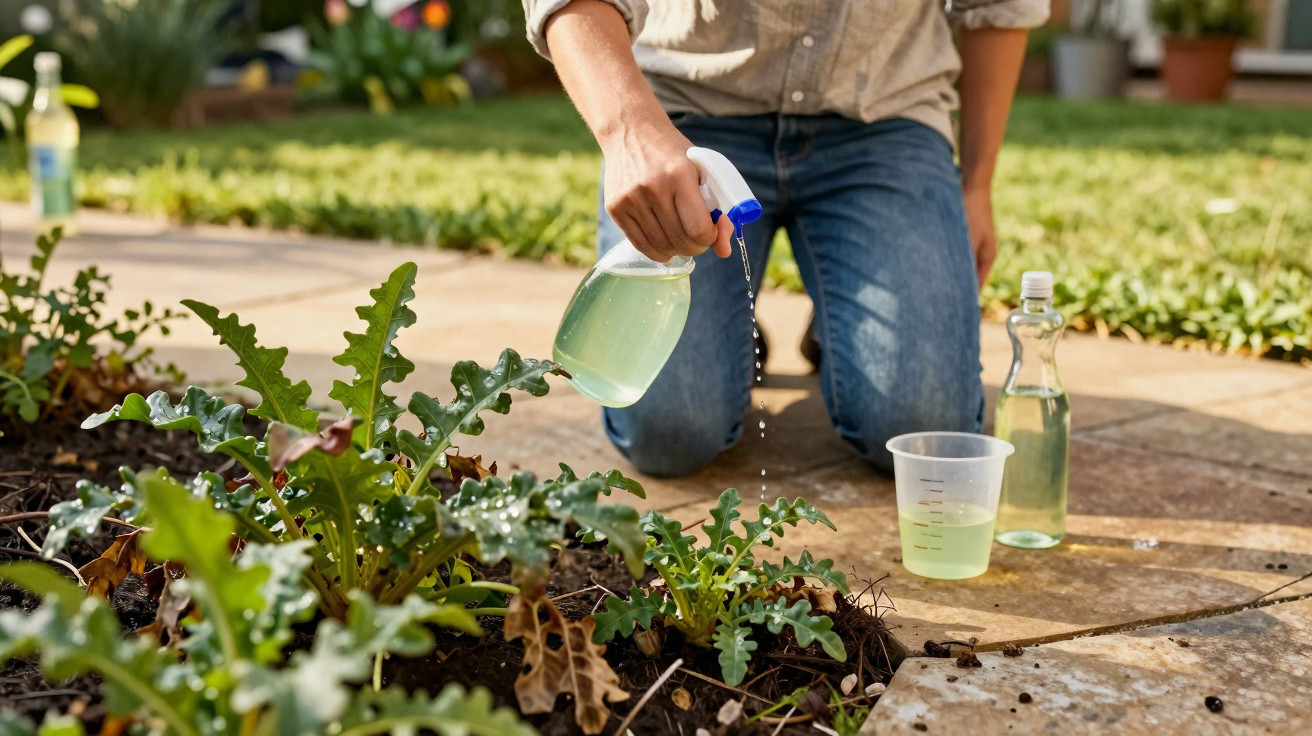 Pessoa regando plantas com borrifador em jardim com folhagens verdes, ajoelhada no chão de pedra.
