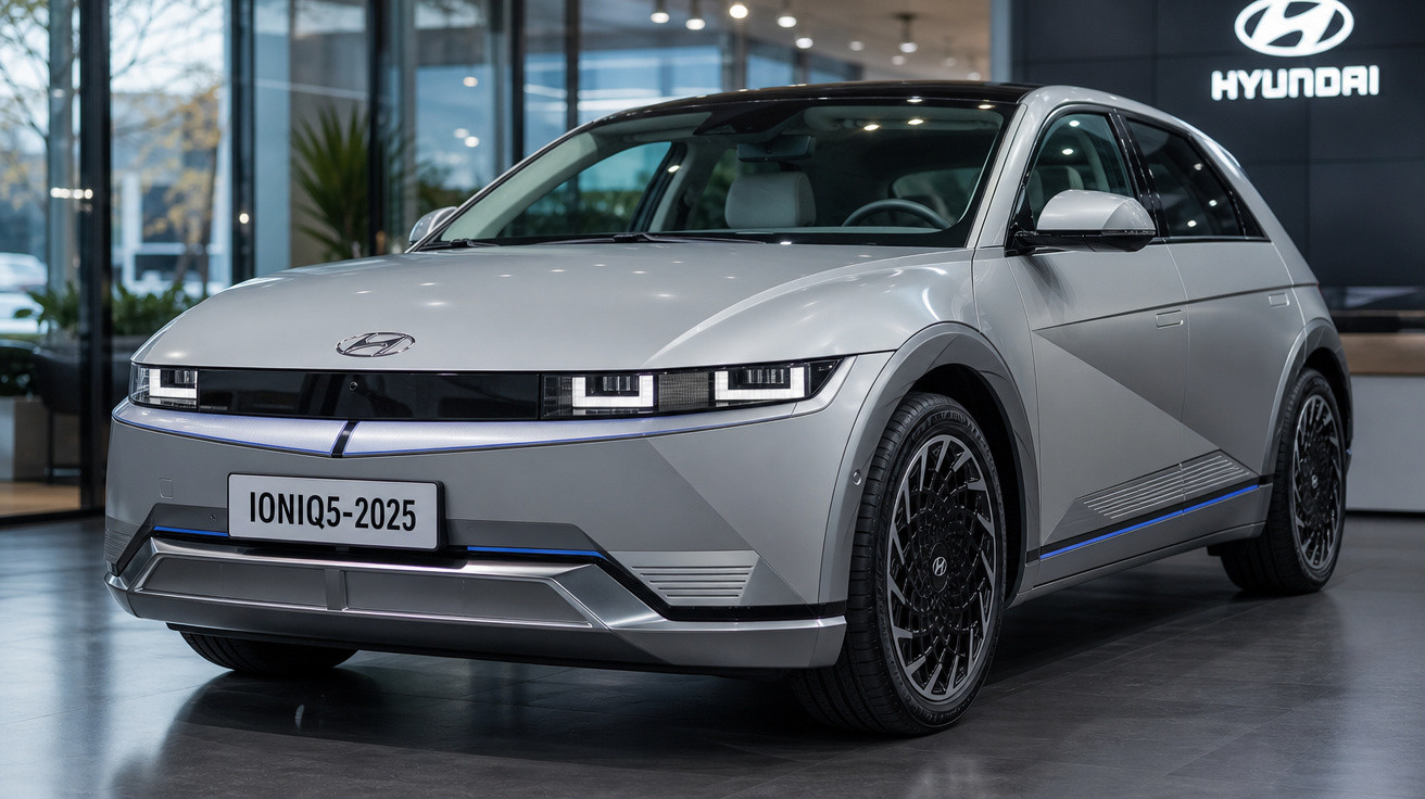Carro elétrico Hyundai Ioniq 5 2025 prata exibido em showroom moderno.