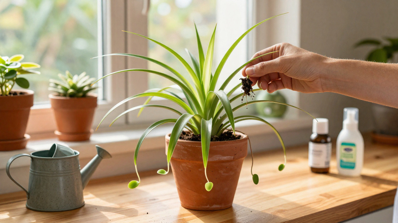 Planta em vaso de cerâmica sobre mesa de madeira, com mão removendo erva daninha, regador ao lado e janela ao fundo.