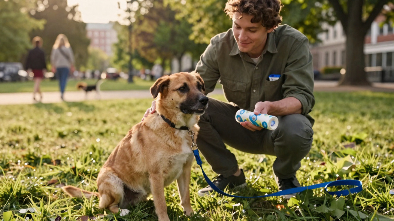 Homem agachado com brinquedo interativo ao lado de cachorro sentado em parque ensolarado.