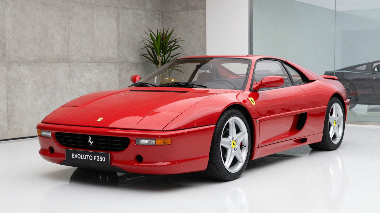Carro esportivo vermelho Ferrari Evoluto F350 exposto em ambiente moderno e limpo.