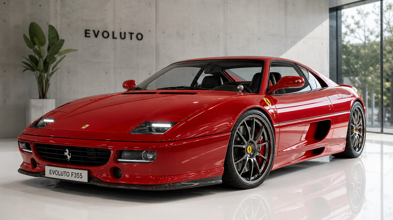 Carro esportivo Ferrari vermelho modelo Evoluto F355 em ambiente interno com parede cinza e planta ao fundo.