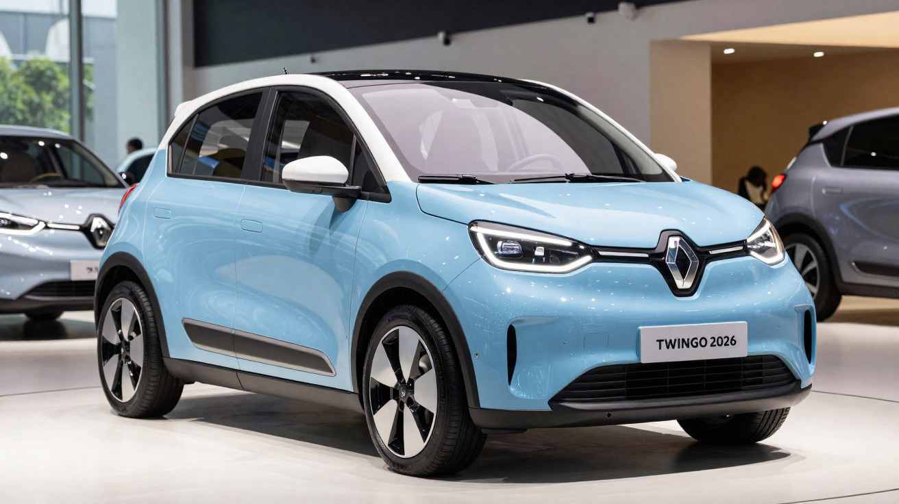 Carro elétrico Renault Twingo 2026 azul claro exibido em salão automotivo moderno.