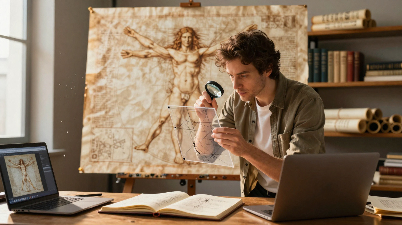 Homem analisa gráfico transparente com lupa, ao fundo quadro do Homem Vitruviano de Leonardo da Vinci.