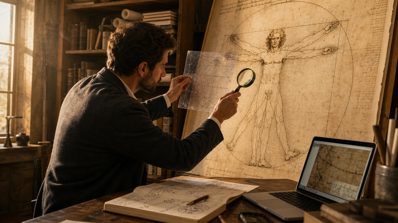 Homem estudando desenho do Homem Vitruviano com lupa em mesa com livros e laptop em ambiente antigo.