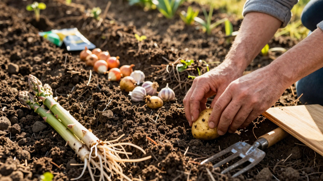 Pessoa plantando batata em solo fértil ao lado de aspargos, cebolas e dentes de alho em um jardim.