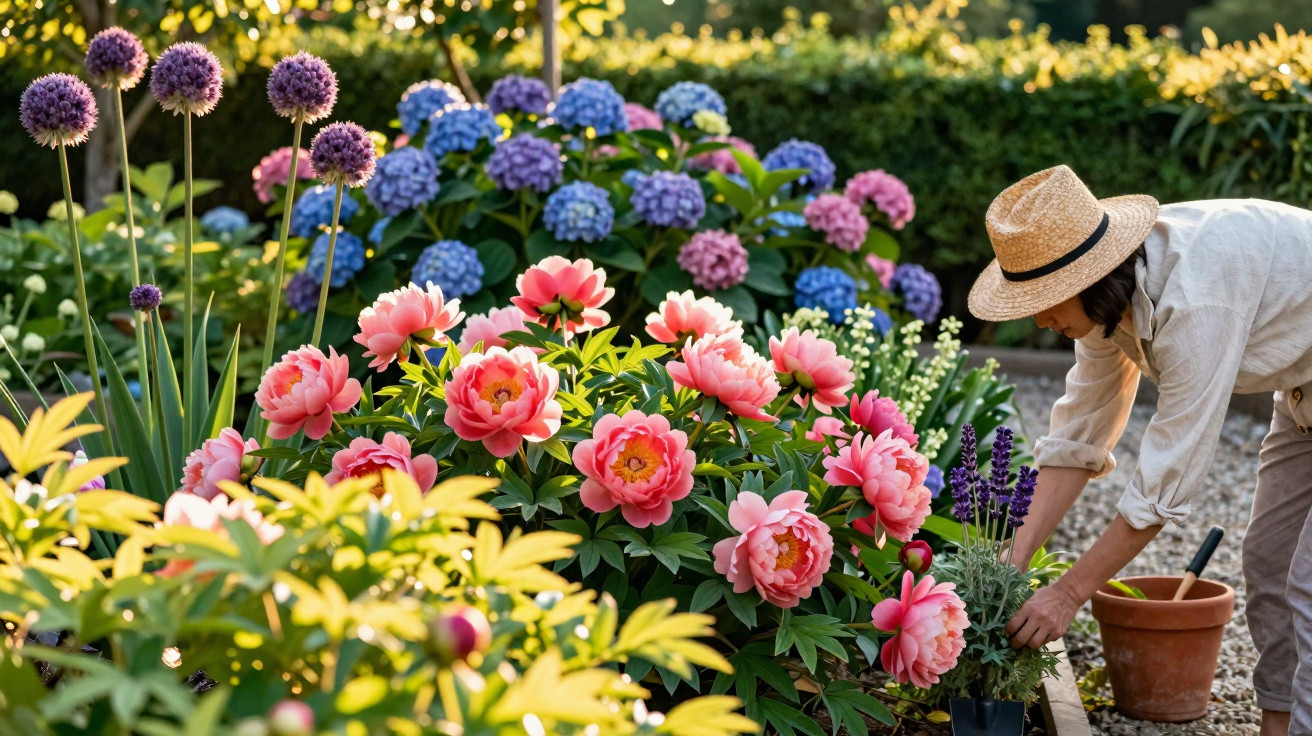 Mulher com chapéu cuidando de plantas em jardim florido com peônias, hortênsias e outras flores coloridas.