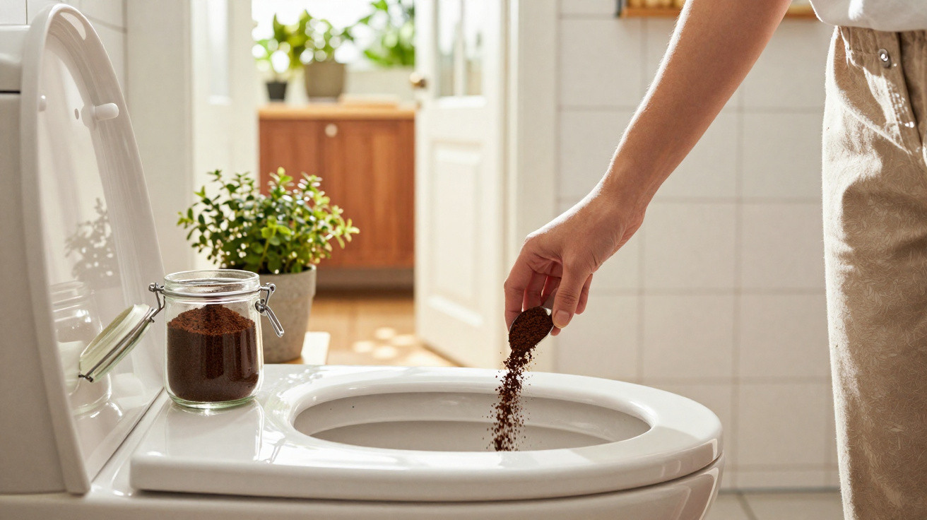 Pessoa despejando café moído dentro de vaso sanitário em banheiro com luz natural e plantas ao fundo.