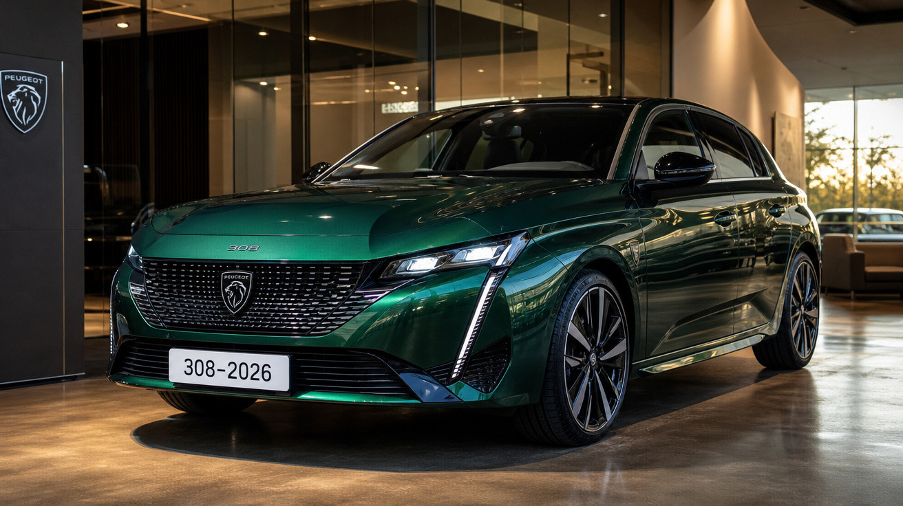Carro verde Peugeot 308 2026 estacionado em showroom moderno com iluminação interna quente.