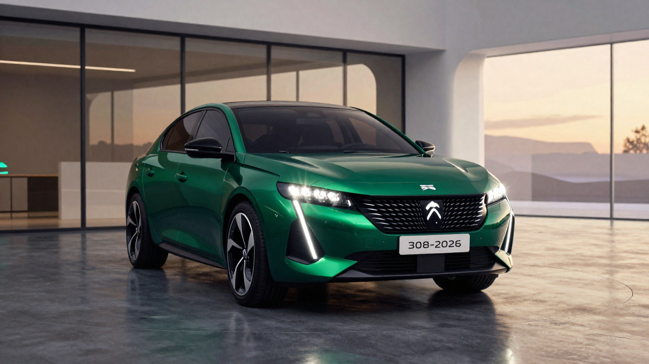 Carro moderno verde metálico Peugeot 308-2026 estacionado em ambiente com piso de concreto e paredes de vidro.