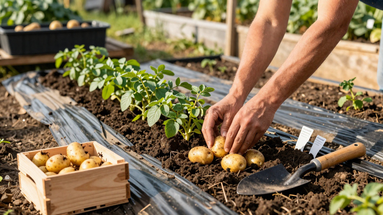 Mãos colhendo batatas na terra de uma horta, com mudas e uma caixa de batatas ao lado.