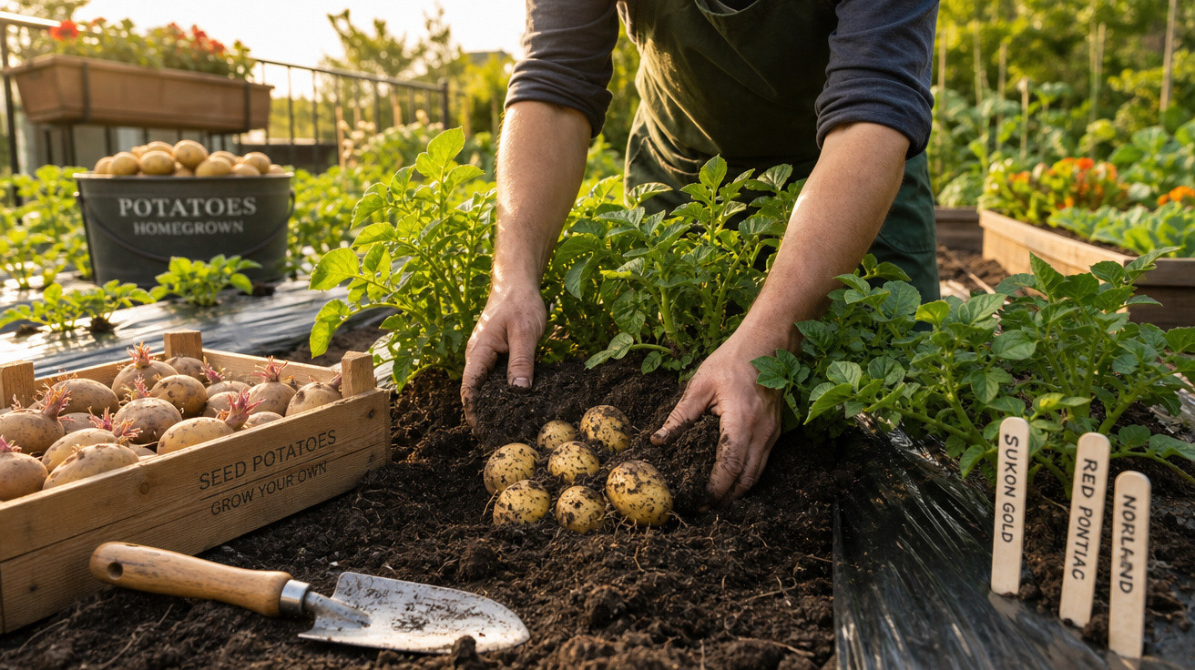 Pessoa colhendo batatas recém tiradas do solo em uma horta com caixas e etiquetas de variedades ao lado.