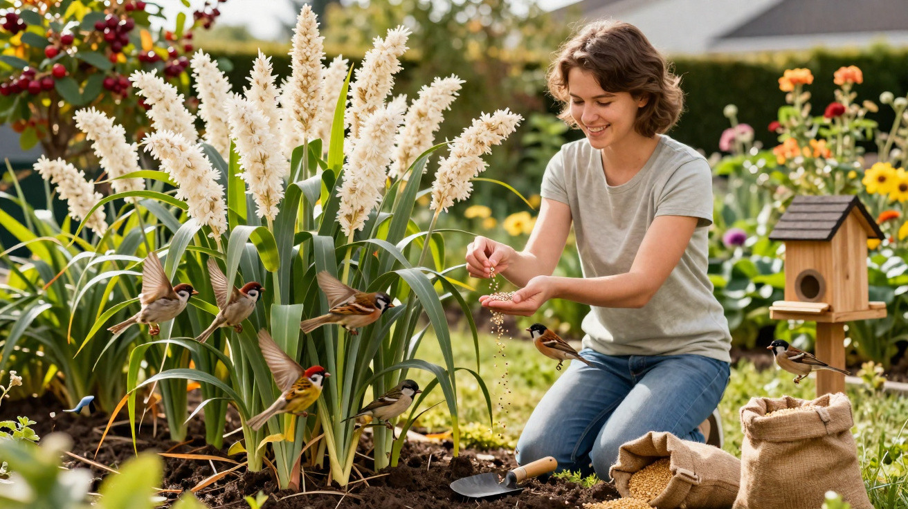 Mulher alimenta pássaros em jardim florido, com plantas brancas e casa de passarinho ao fundo.