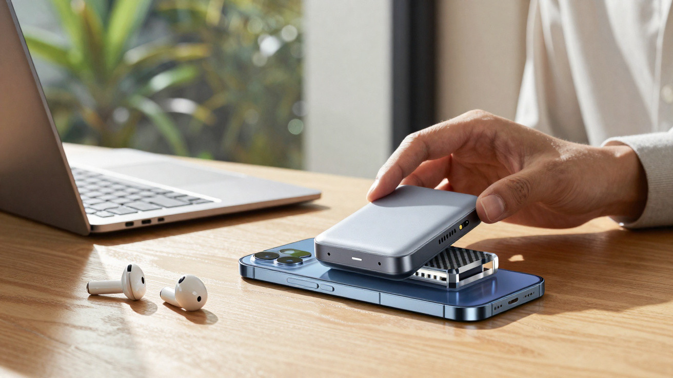 Mão segurando power bank cinza carregando smartphone azul sobre mesa de madeira com laptop e fones sem fio ao fundo.