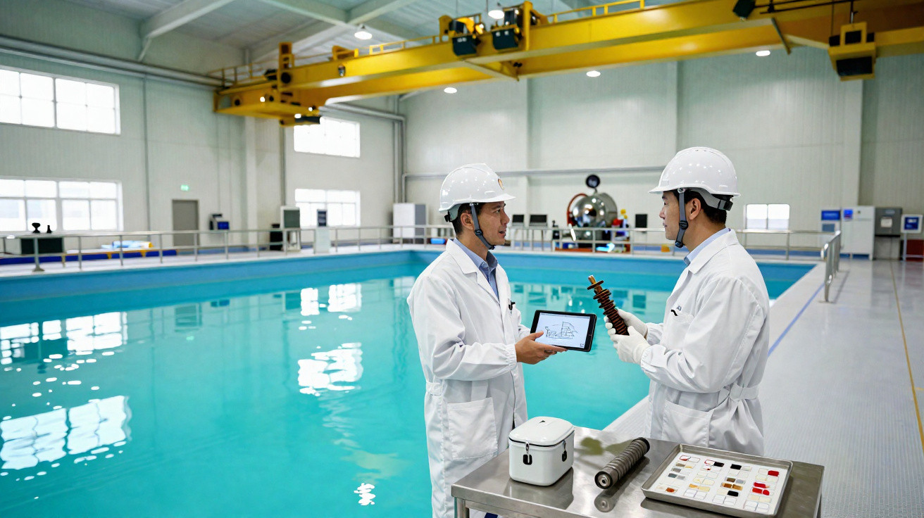 Dois técnicos com macacão e capacete branco em laboratório industrial com piscina de água e equipamentos.