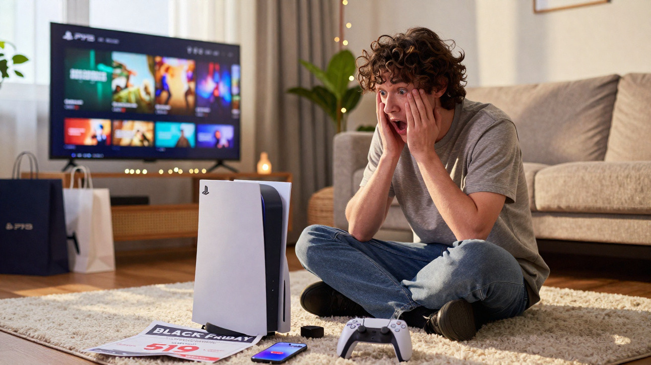 Jovem sentado no chão em sala, surpreso ao ver um console PlayStation 5 ao seu lado.