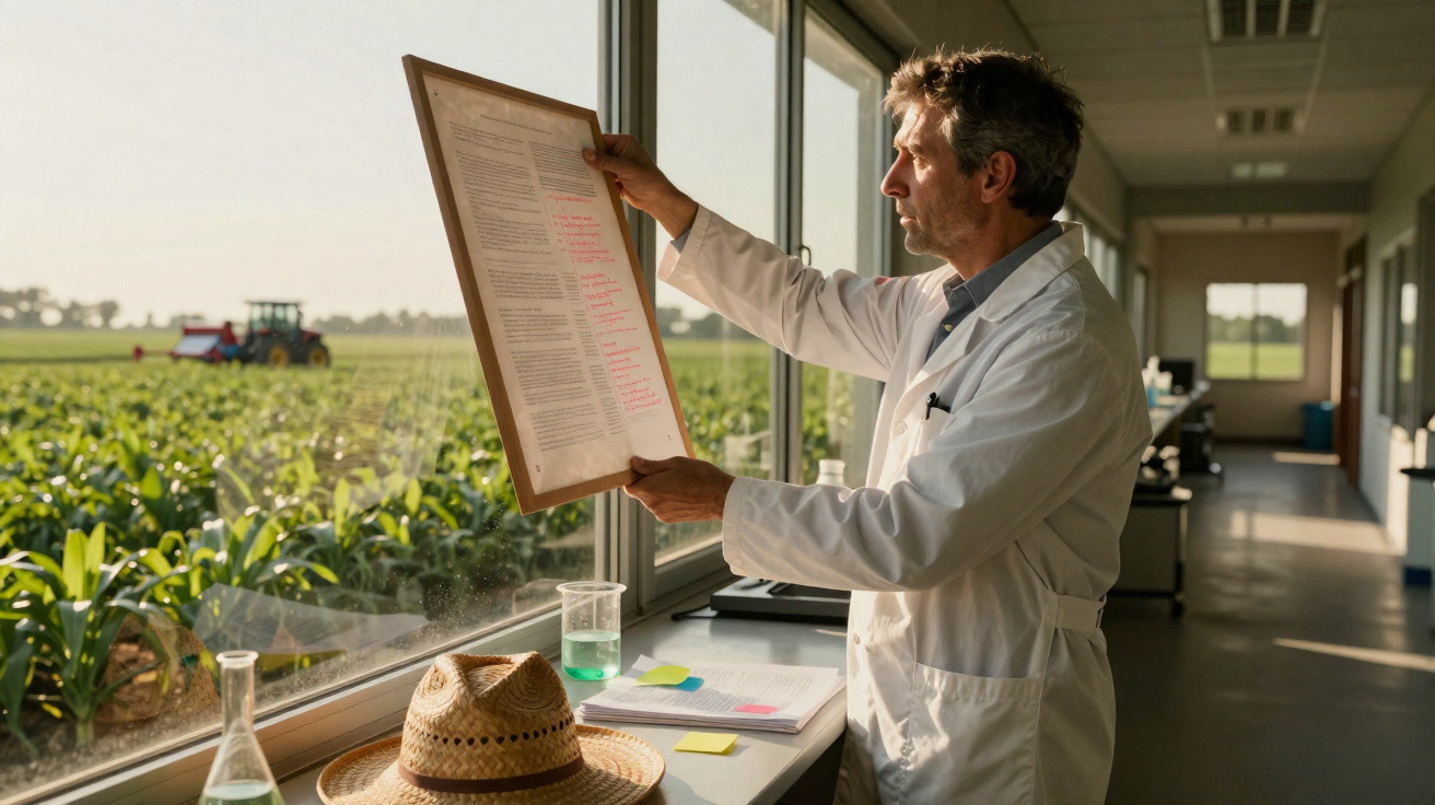 Pesquisador em laboratório observa documento com anotações em frente a janela mostrando plantação e trator.