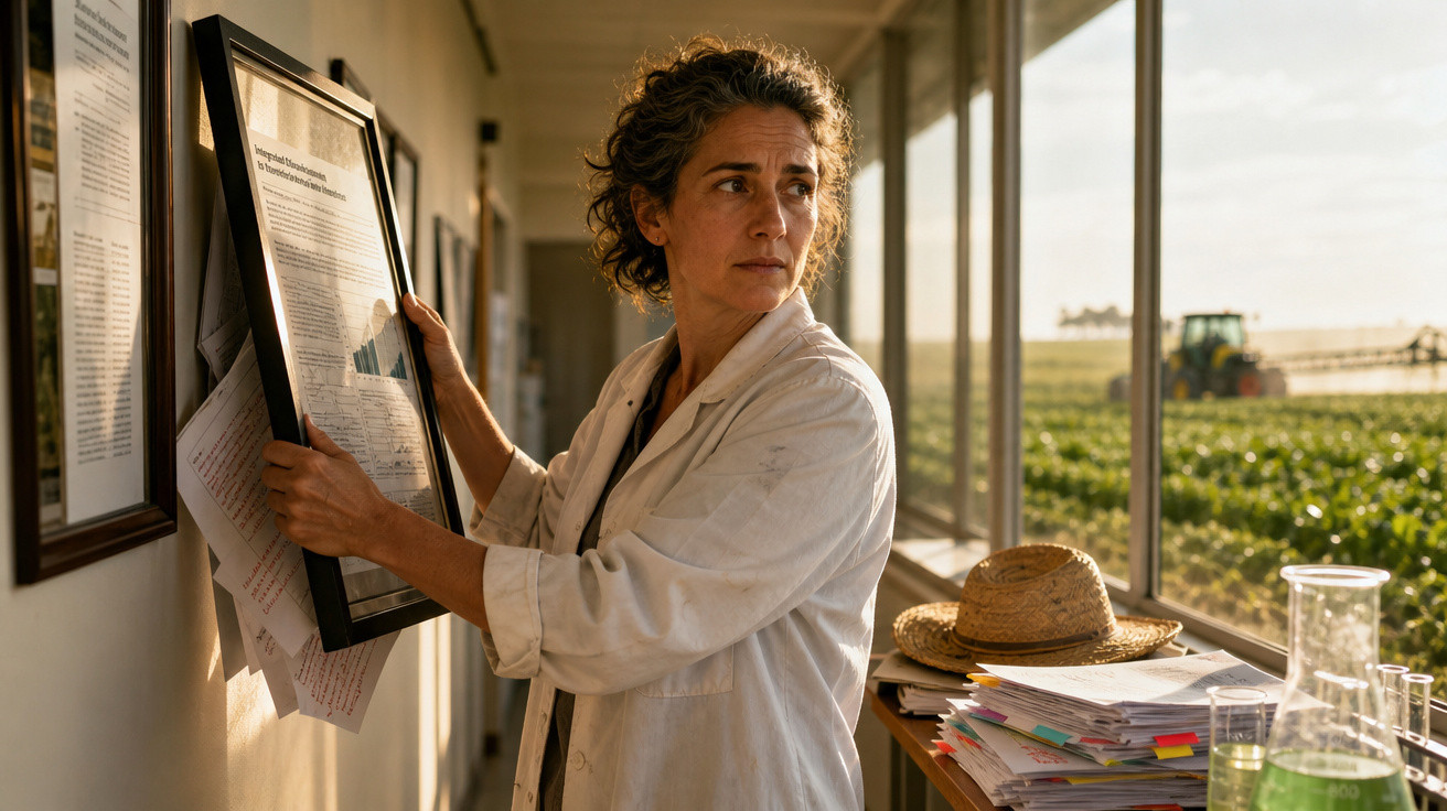 Mulher com jaleco segurando quadro em escritório com janelas para campo agrícola e mesa com documentos e chapéu.