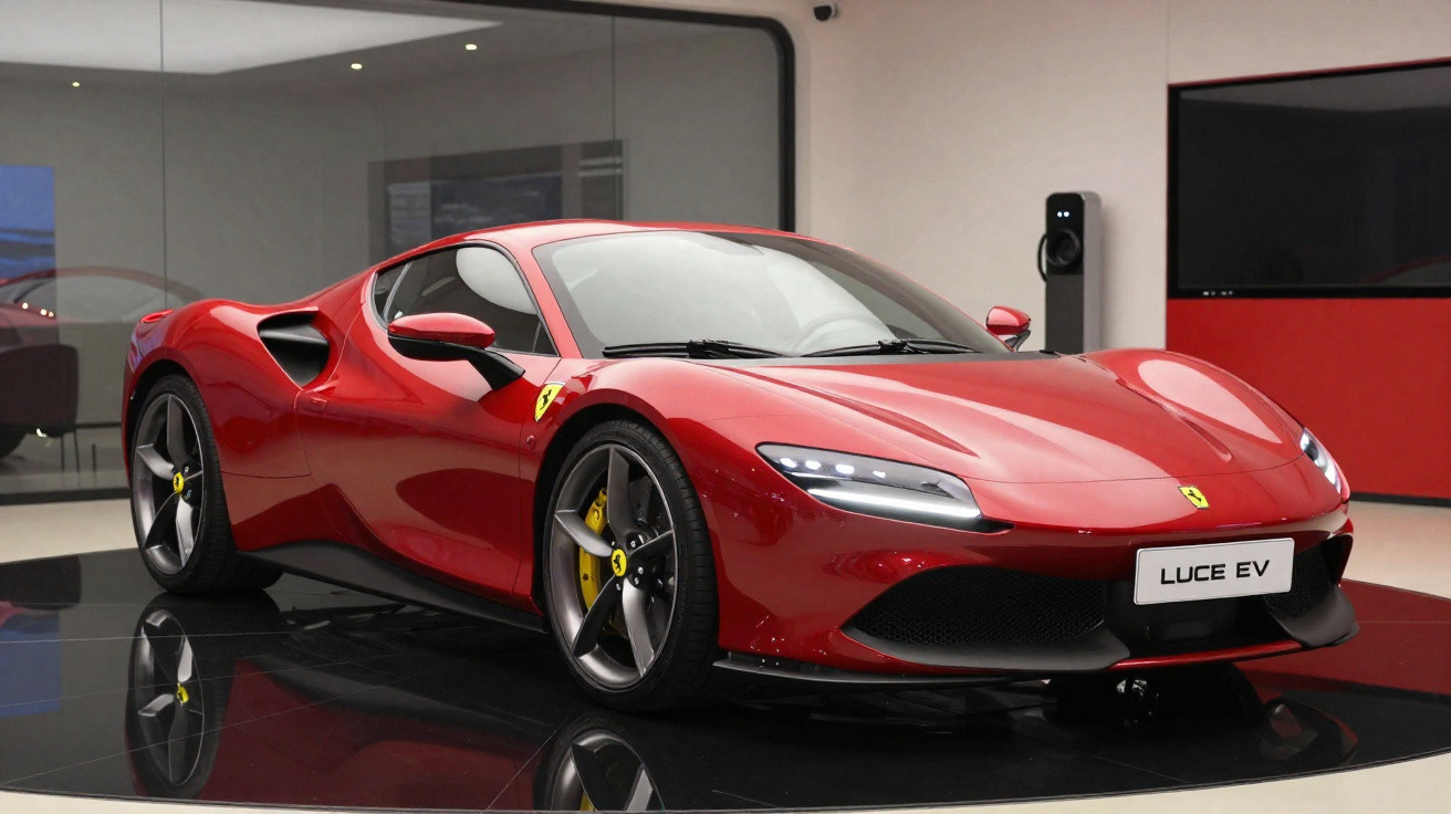 Carro esportivo vermelho Ferrari Luce EV em exposição interna sobre plataforma preta.