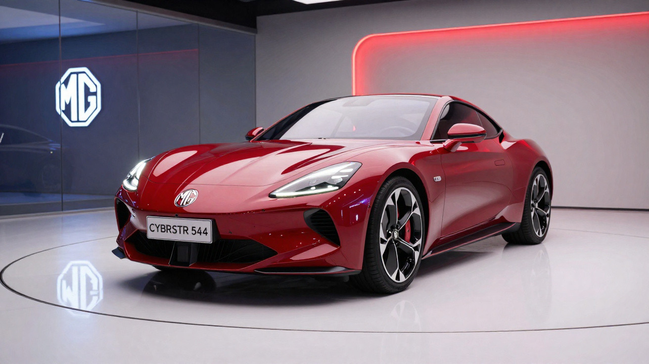 Carro esportivo vermelho MG Cybrstr 544 em exposição com iluminação moderna em ambiente interno.