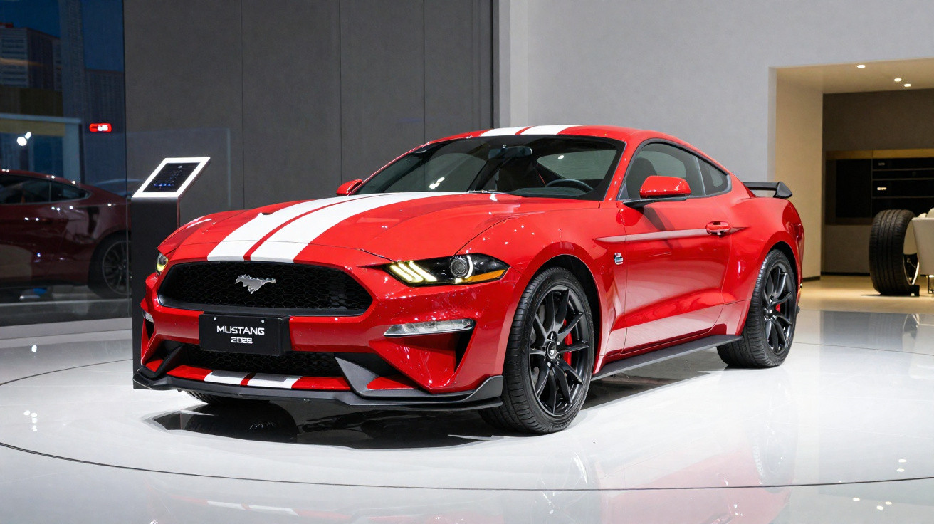 Carro esportivo Mustang vermelho com duas faixas brancas exibido em salão automotivo.