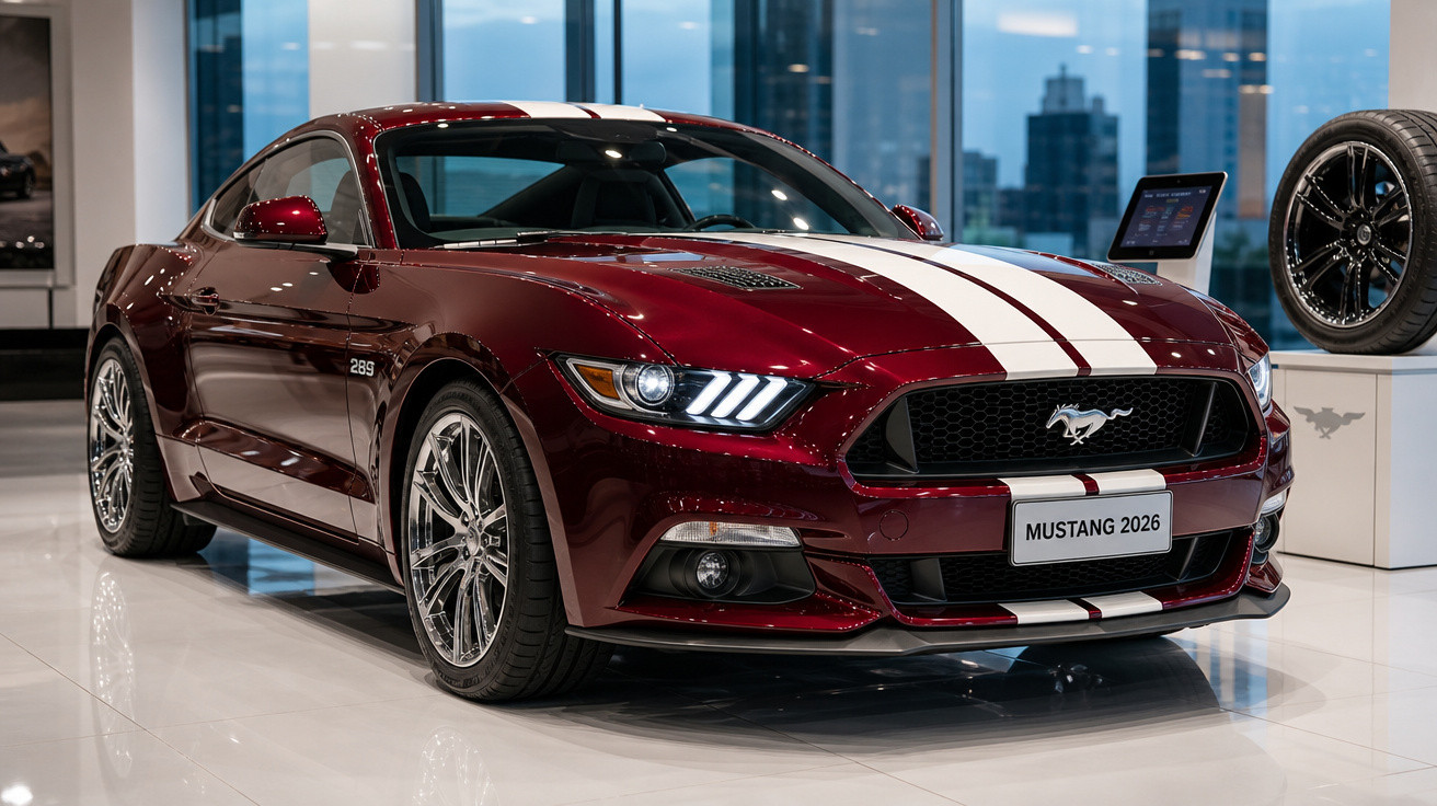 Carro esportivo Ford Mustang 2026 vermelho com faixa branca em showroom moderno.