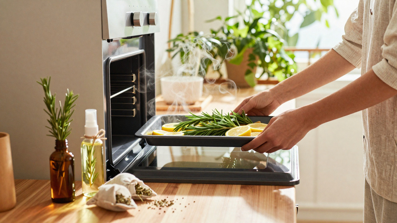 Pessoa colocando assadeira com limão e alecrim em forno moderno de cozinha iluminada e decorada com plantas.