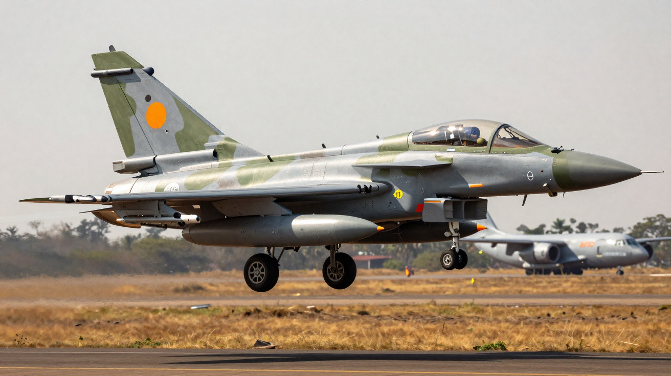 Caça militar camuflado em voo baixo sobre pista de aeroporto com avião de transporte ao fundo.