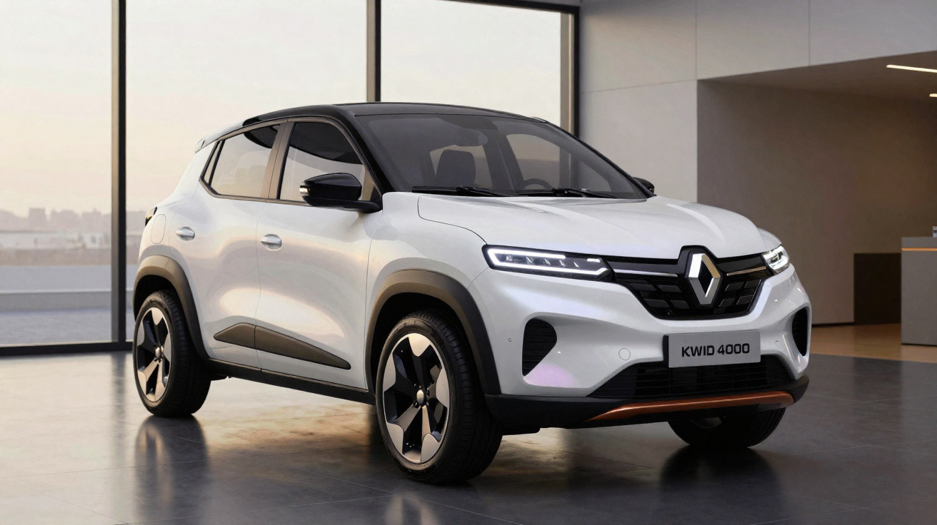 Carro elétrico Renault Kwid 4000 branco estacionado em ambiente interno moderno.
