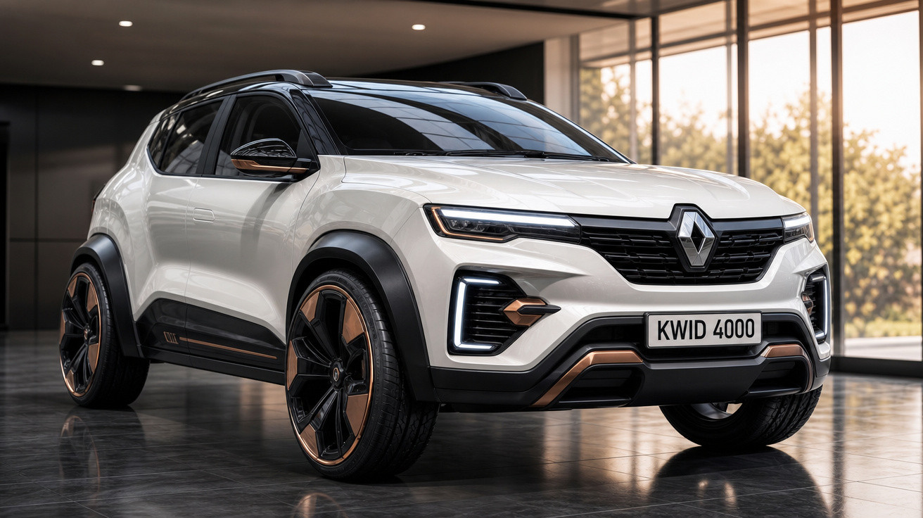 Carro Renault Kwid 4000 branco exibido em ambiente interno moderno com luz natural.