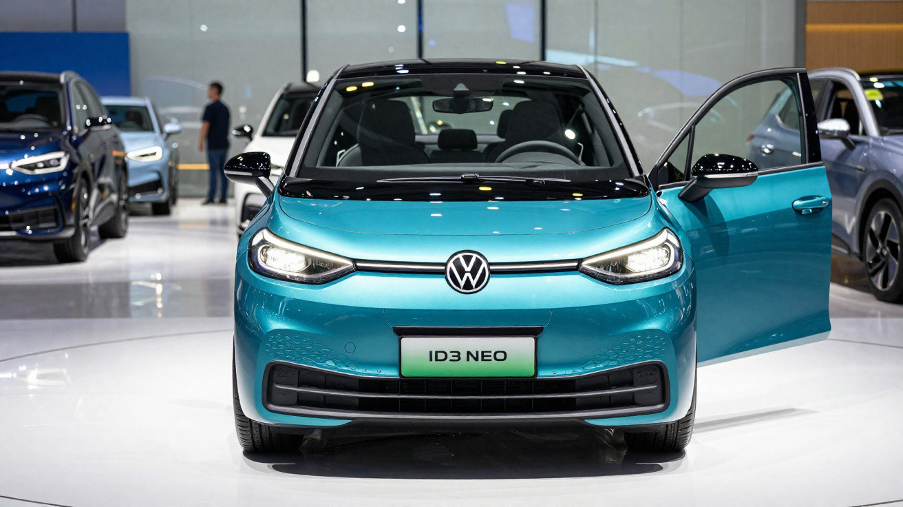 Carro elétrico azul Volkswagen ID3 NEO com porta dianteira direita aberta em exposição automotiva.