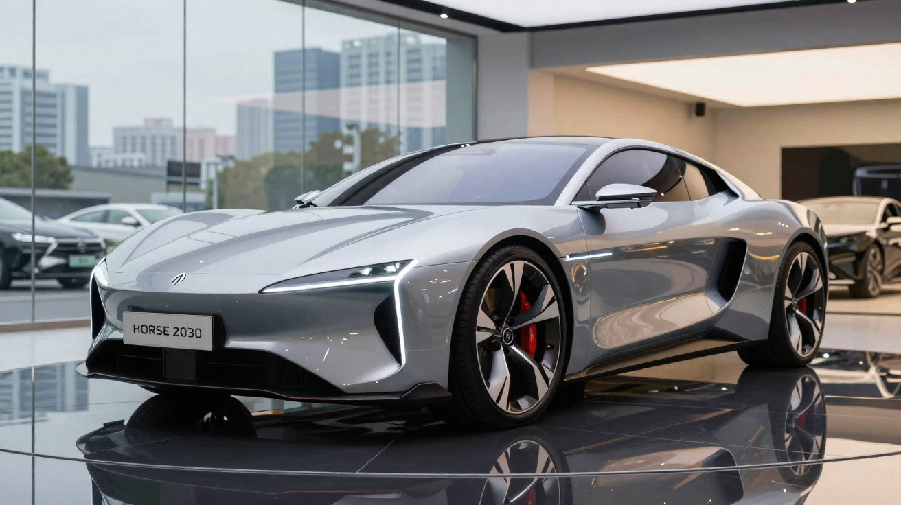 Carro esportivo prateado futurista Horse 2030 em exibição dentro de showroom moderno.