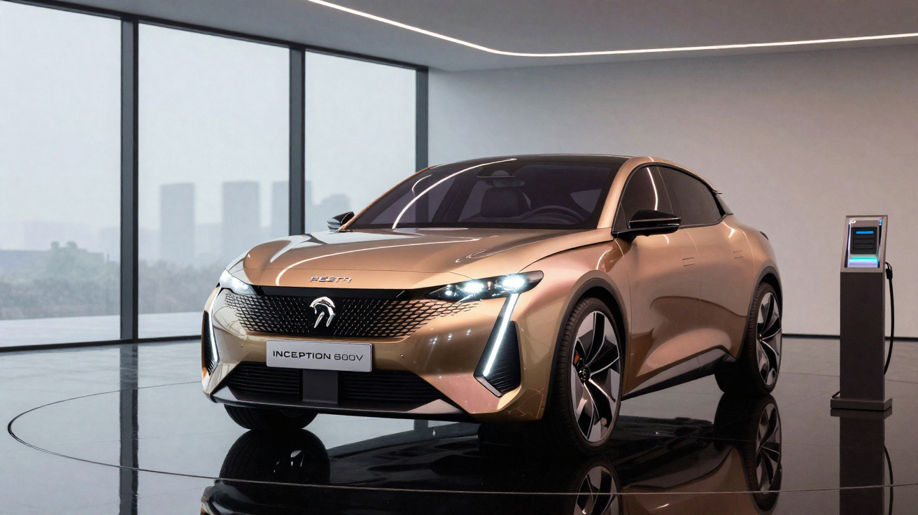 Carro elétrico dourado futurista estacionado em sala com grandes janelas e estação de recarga ao lado.