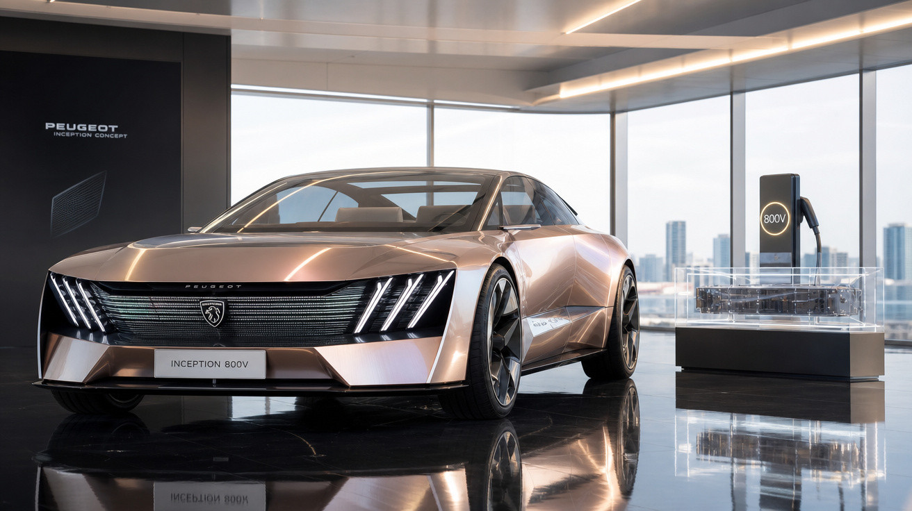 Carro conceito elétrico Peugeot Inception 800V em exposição interna com parede de vidro e maquete de carregador elétrico.