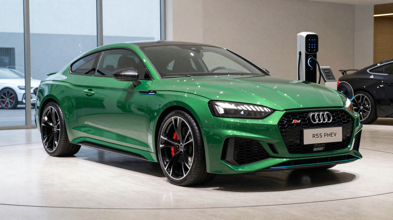 Carro esportivo Audi RS5 PHEV verde em exposição dentro de showroom moderno.