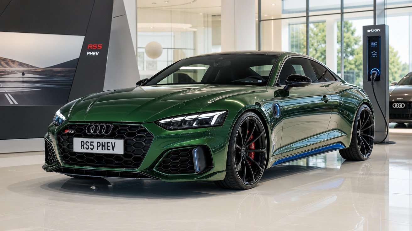 Carro esportivo Audi RS5 PHEV verde em showroom, conectado a estação de recarga elétrica.