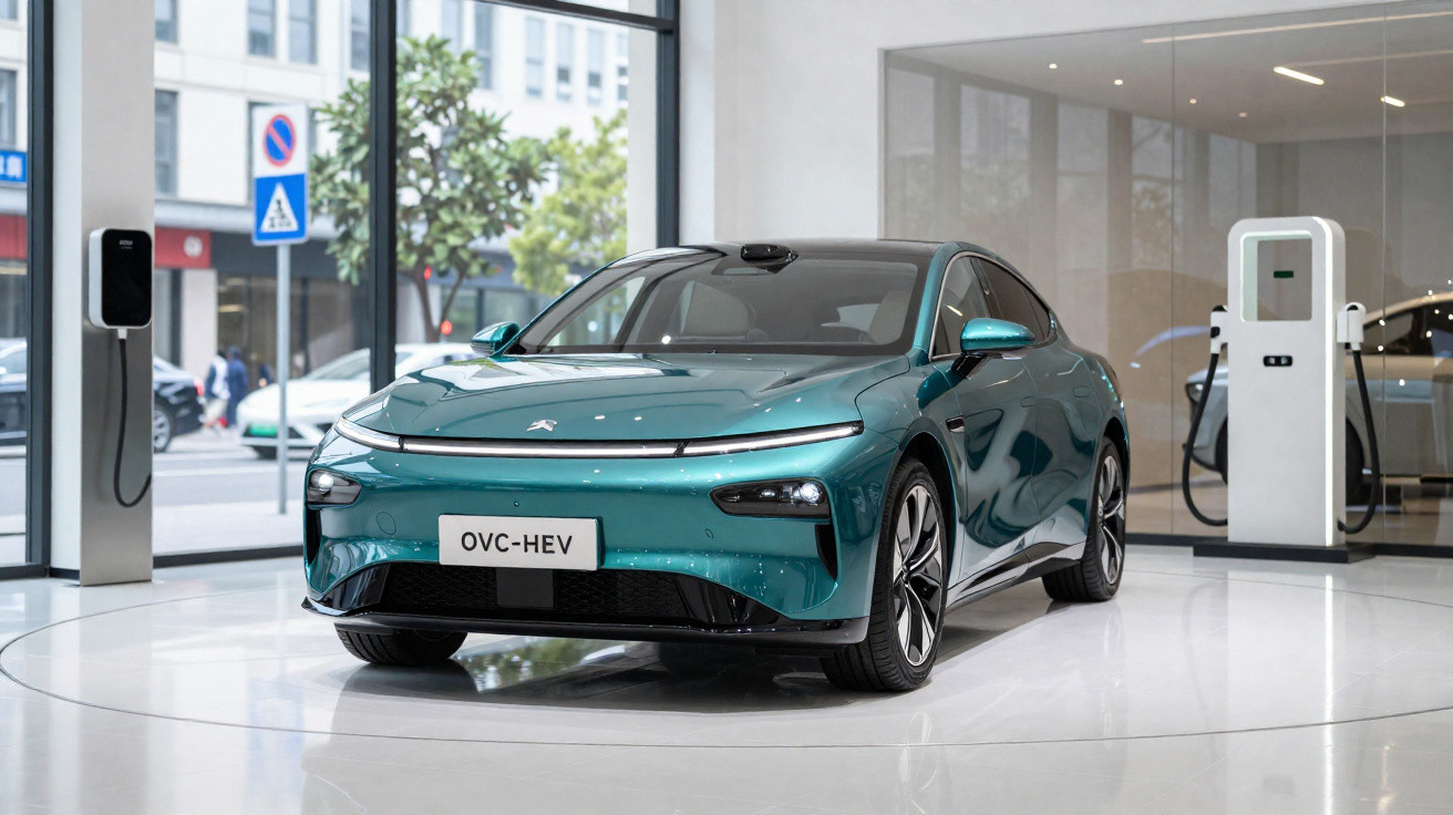 Carro elétrico verde exibido em showroom moderno com estação de carregamento ao fundo.