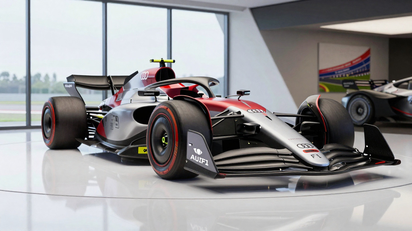 Carro de corrida de Fórmula 1 Audi em exposição dentro de sala moderna com paredes de vidro.