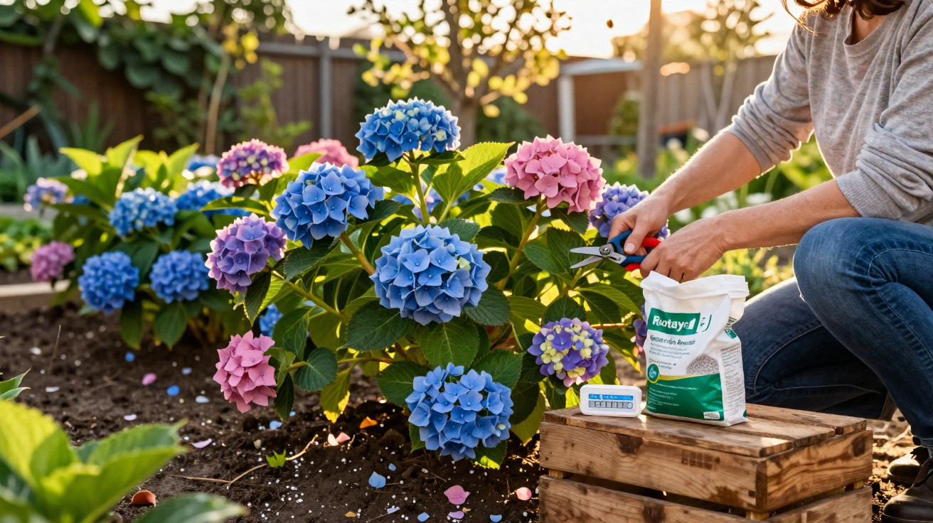 Pessoa cuidando de hortênsias azuis, rosas e roxas em jardim com tesoura de poda e adubo.