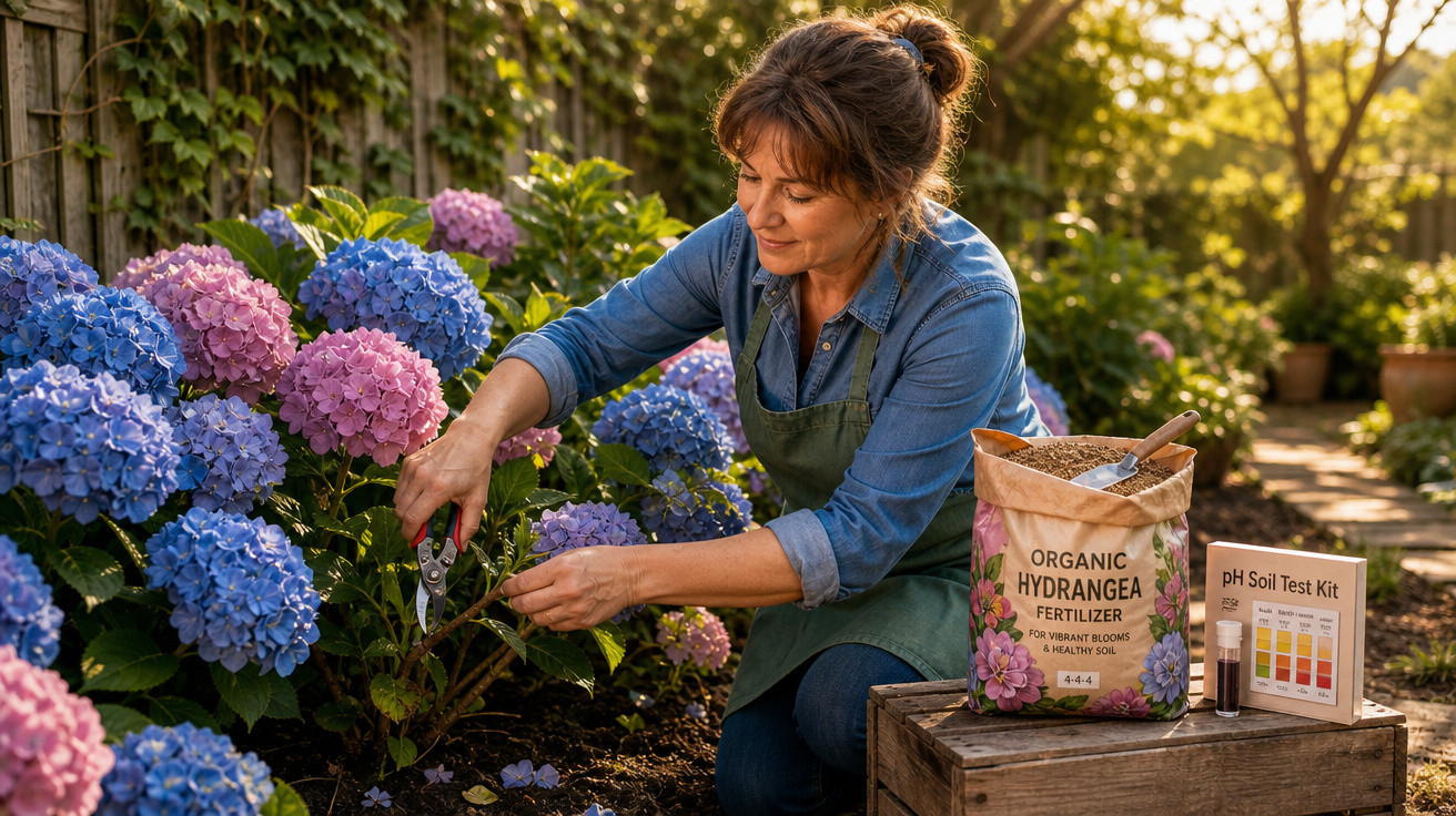 Mulher cuidando de hortênsias coloridas em jardim ao pôr do sol, com fertilizante orgânico ao lado.