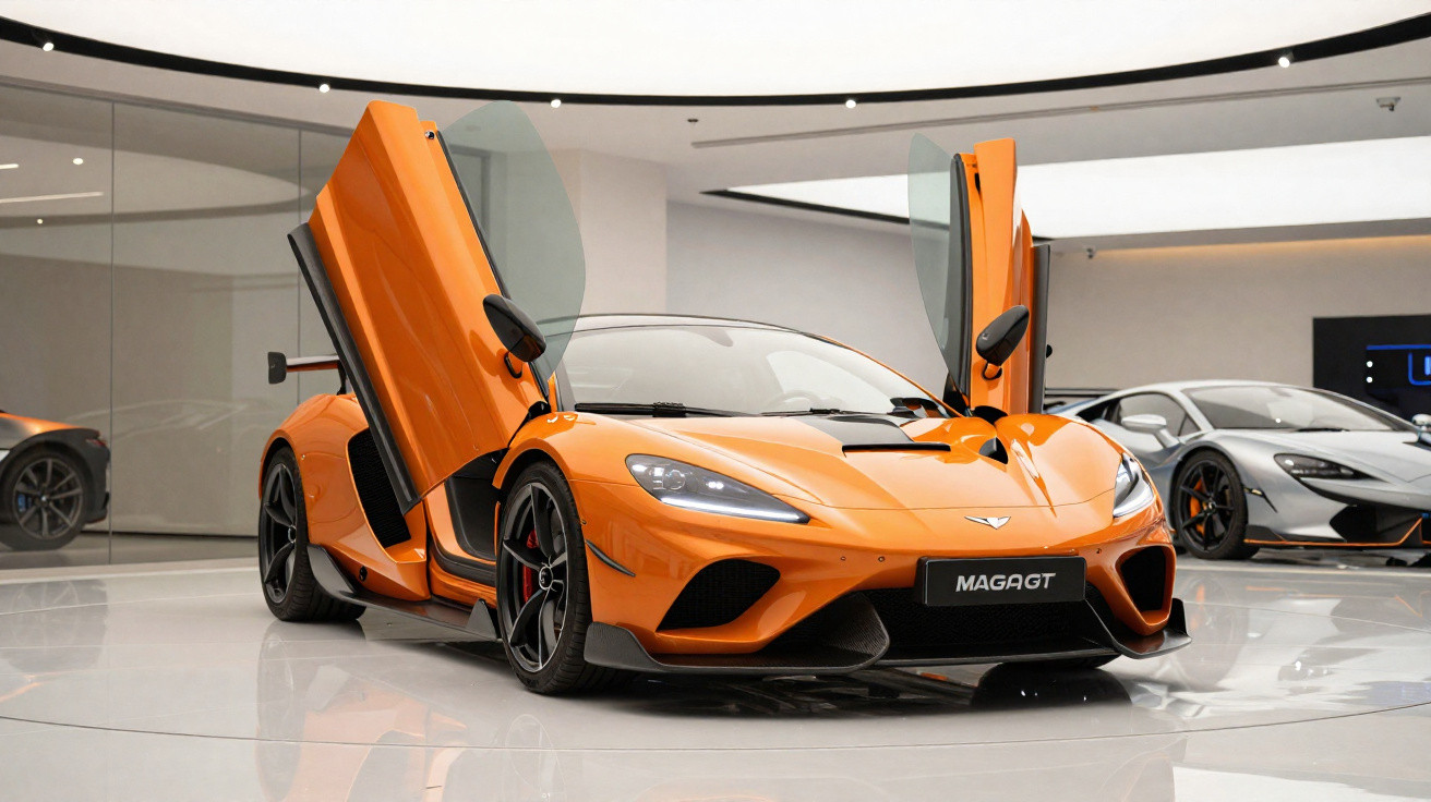 Carro esportivo laranja com portas abertas para cima em showroom moderno e iluminação branca.