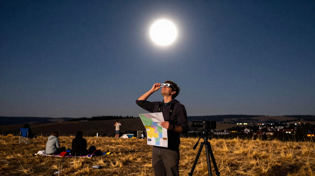 Pessoa usando óculos especiais observa o eclipse solar enquanto segura um mapa em campo aberto à noite.