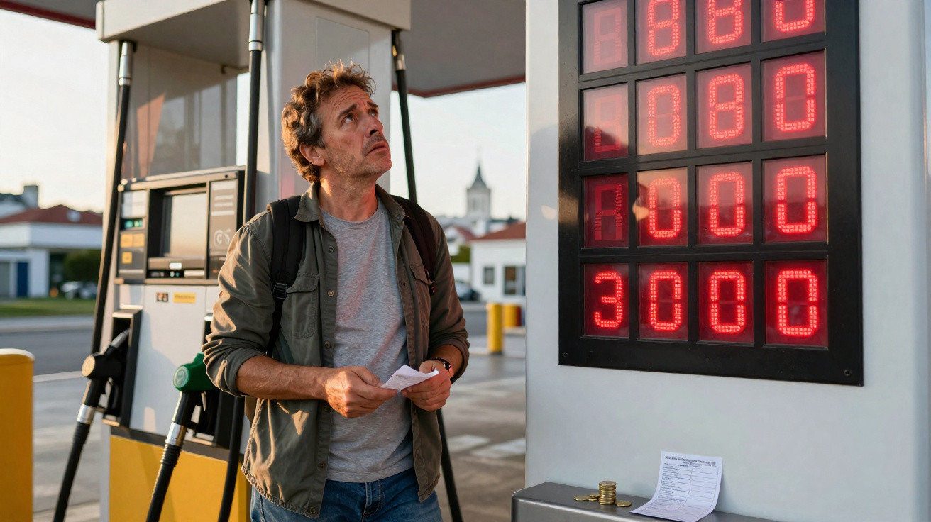 Homem em posto de gasolina olhando para os preços altos do combustível no painel eletrônico.