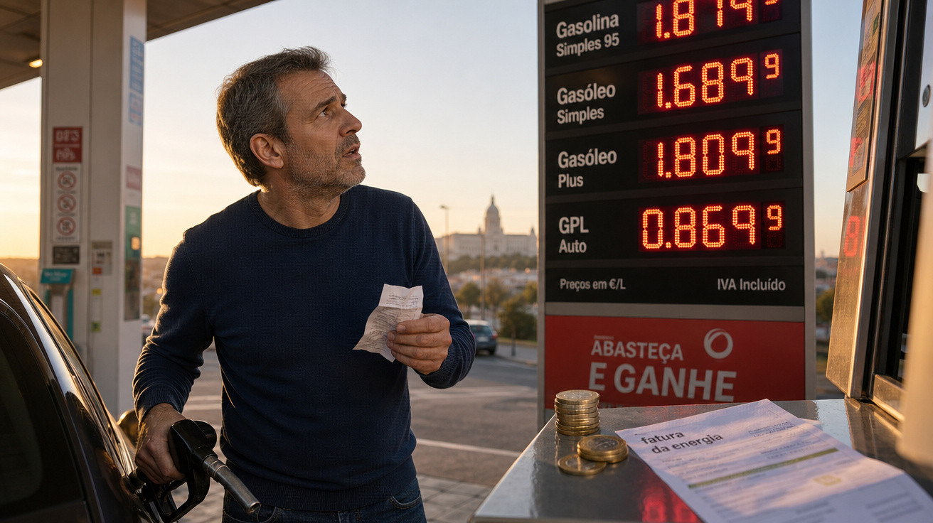 Homem em posto de combustível segura nota fiscal e bomba com tabela de preços ao fundo ao pôr do sol.