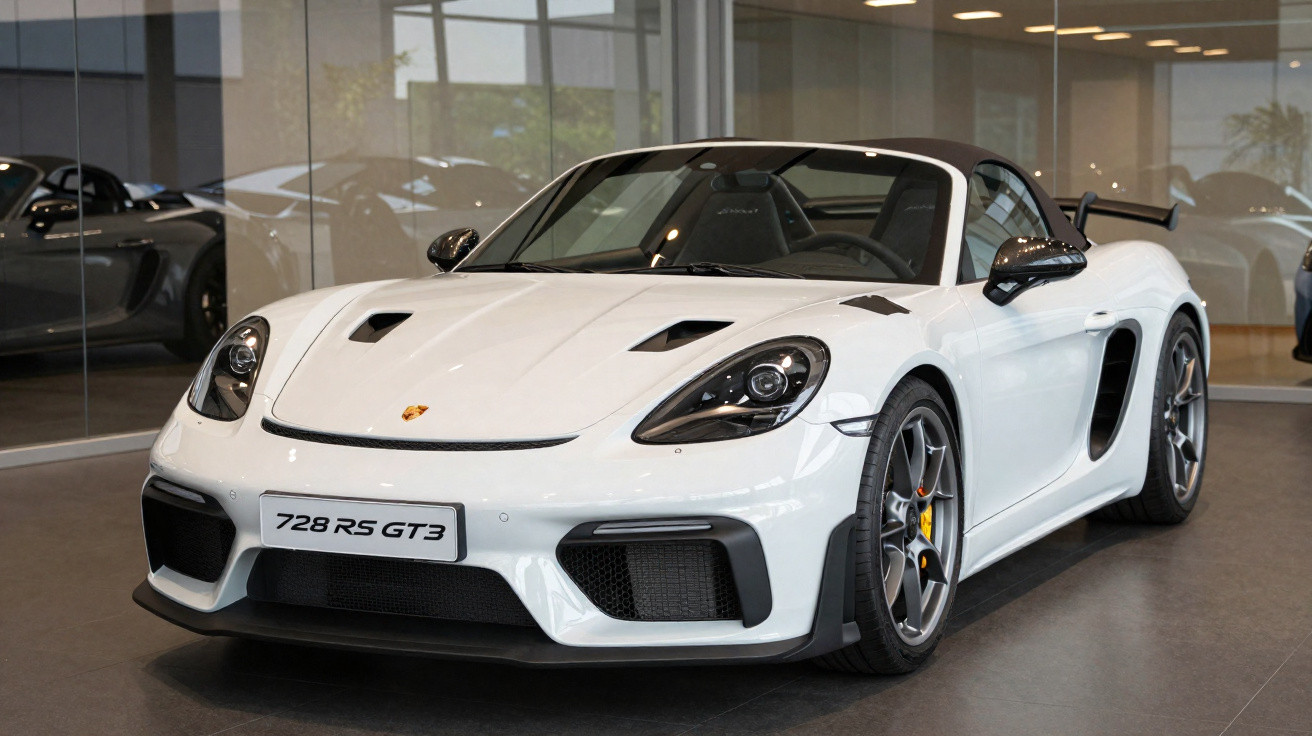 Porsche 728 RS GT3 branco em exposição interna com teto conversível e detalhes esportivos.