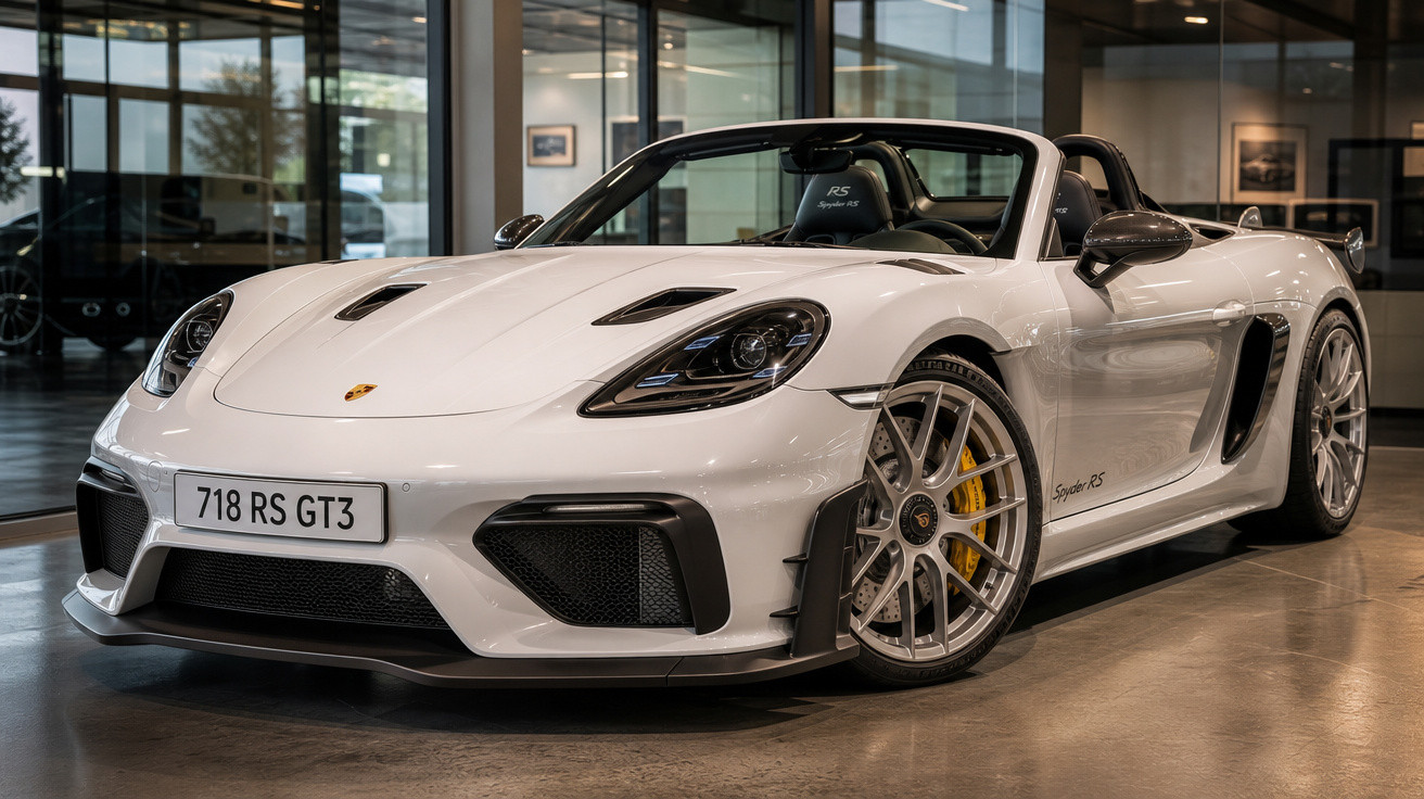 Carro esportivo conversível Porsche 718 RS GT3 branco exibido em showroom moderno.