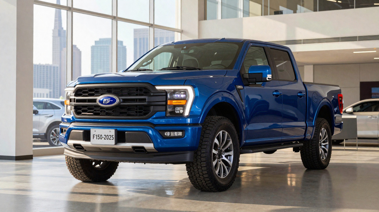 Picape Ford F-150 azul 2025 em showroom com fundo de prédios urbanos.