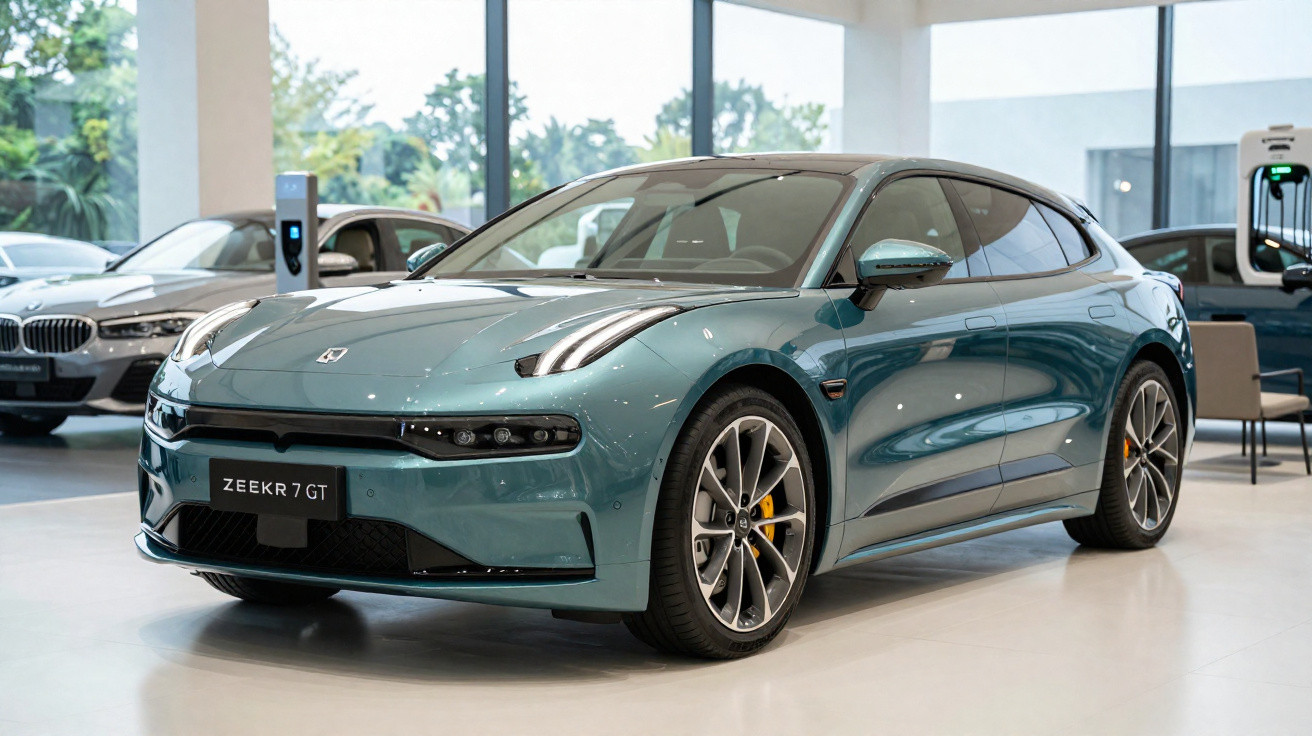 Carro elétrico Zeekr 7 GT azul exibido em showroom moderno com outras veículos ao fundo.